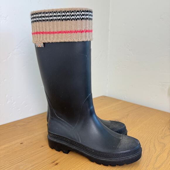 Burberry nova check knit top trim black rubber rain boots